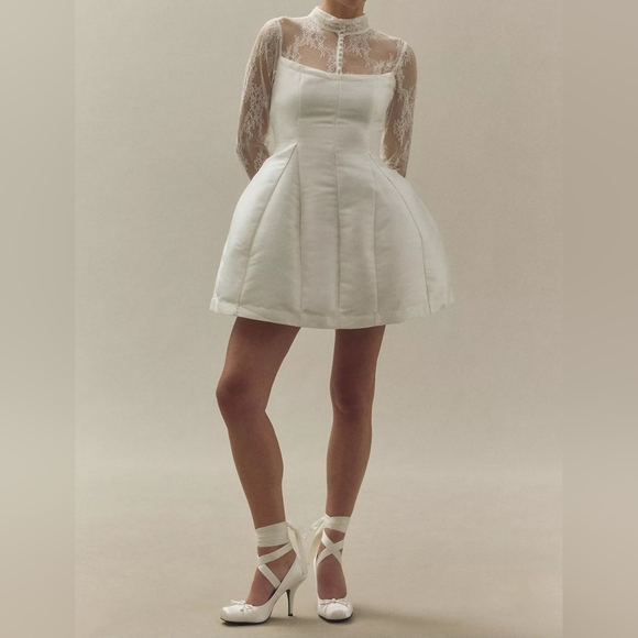 BHLDN Ivory Long-Sleeve High-Neck Lace Fit & Flare Mini Dress - Picture 4 of 14
